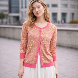 Talbots Paisley Button Cardigan | Pink Boho Classic Knit Sweater | Preowned